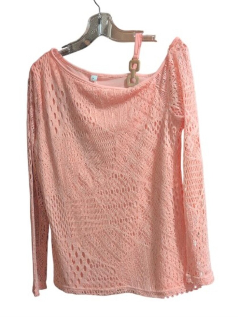 Peach Crochet Lace Boho Blouse Sheer Long Sleeve Top Medium